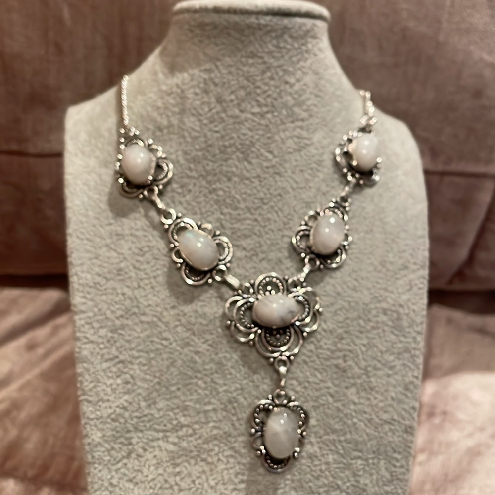 Moonstone Necklace Floral Drop Design Silver Scroll 6 Moonstones V Drop